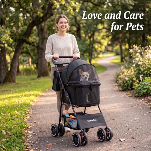 2-in-1 Foldable Pet Stroller 4-Wheel for Small Dogs & Cats, Black (Black)