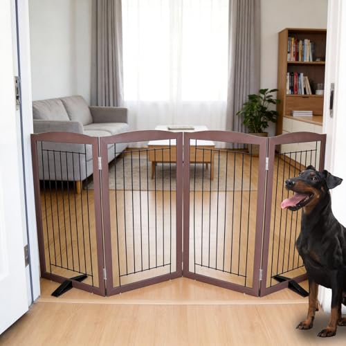Freestanding Dog Fence Indoor (Brown / 【4 Panels】80''w x 32''h)