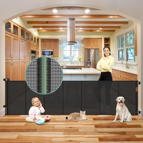 Reinforced Bottom 100 Inch Retractable Baby Gates Extra Wide Baby Gate for Large Openings (Black / 33" Tall x 100" Wide（ With Reinforced Bar ）)