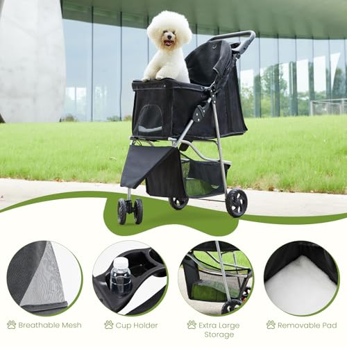3 Wheels Pet Stroller for Small Dogs and Cats (Black / 29.2"x17.7"x 39.4")