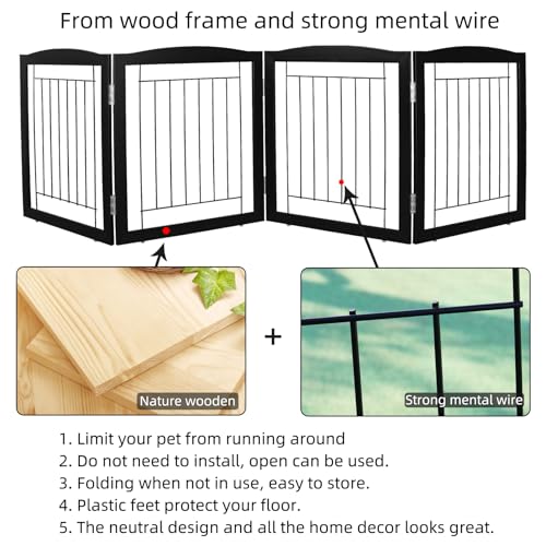 Freestanding Foldable Dog Gate for House Extra Wide Wooden Black Indoor Puppy Gate Stairs Dog Gates Doorways Tall Pet Gate 4 Panels Fence (Black / 【4 Panels】80''w x 24''h)