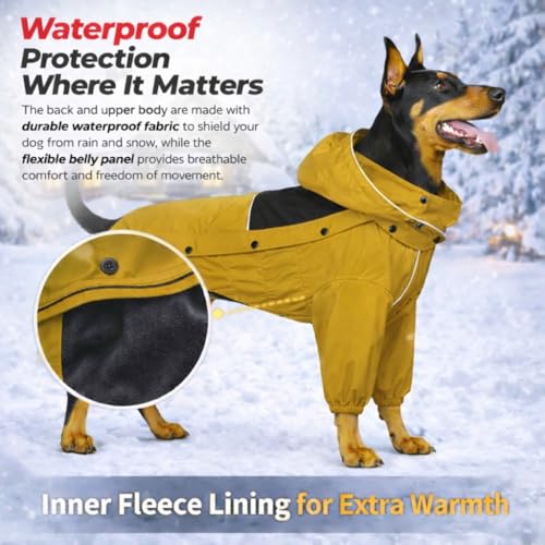 Fleece Lined Dog Raincoat with Removable Hood (Mustard Yellow Fleeced / 4XL (Back 23.5"))