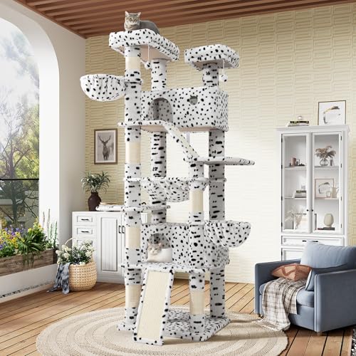81in Multi Level Tall Cat Tree Tower for Indoor Kitties (White & Black Spot)