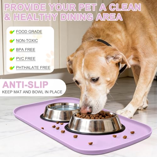 Waterproof Silicone Pet Food Mat with Raised Edge for Dog & Cat (Lavender / 19"L x 12"W)