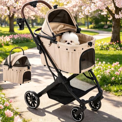 Dog Stroller for Small to Medium Dogs with Detachable Carrier (Vanilla Beige)