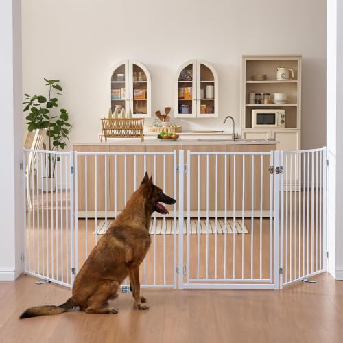 Freestanding Dog Gate with Door for Indoor & Outdoor (White / 【4 Panels with Door】104"W×36"H)