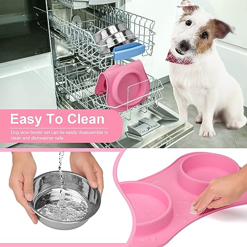 Slow Feeder Dog Bowls 3 in 1 Stainless Steel Food Water Bowl to Slow Eating (Large Breed / Pink)