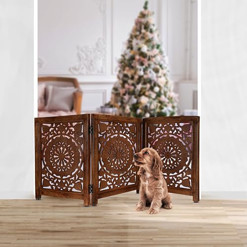 Lightnpro 3‑Panel Wooden Pet Gate (Natural Burnt Circle / 24x54 - Ember)