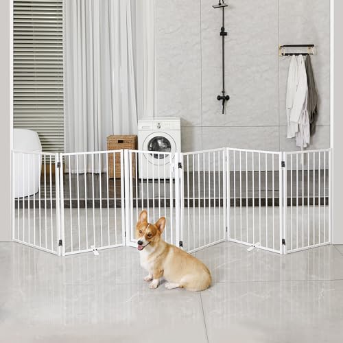 Metal Freestanding Dog Gates with Door for Outdoor Indoor (White / 【6 Panels with Door】 32''H*120''W)