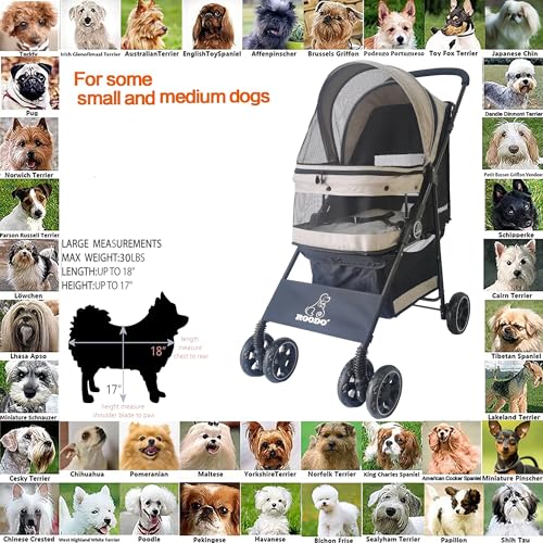 4 Wheel Dog Cat Pet Stroller Best Lightweight Foldable Compact Portable Jogger All Terrain Travel Pet Gear Puppy Doggie Bunny Kitty Stroller for up to 30lbs Medium Small Dogs Cats (Light khaki)