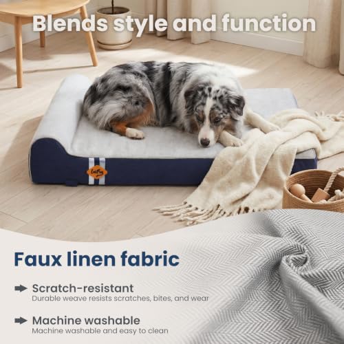 Orthopedic Memory Foam Dog Bed with Pillow and Durable Water Proof Liner & Removable Washable Cover & Smart Design Medium (34.0"L x 22.0"W x 5.5"Th / Slate Blue)