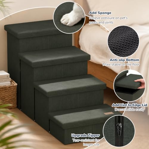 4 Step Wide Dog Stairs with Storage 23" H (Grey Green / 40"D x 17"W x 23"H)