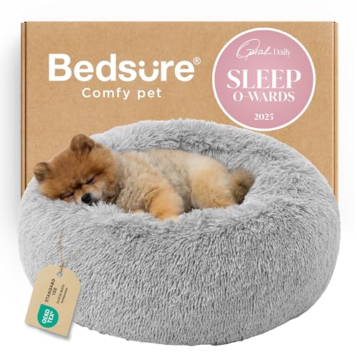 Calming Small Dog Bed Donut Washable Cat＆Puppy Bed (23"L x 23"W x 8"Th / Pale Grey)