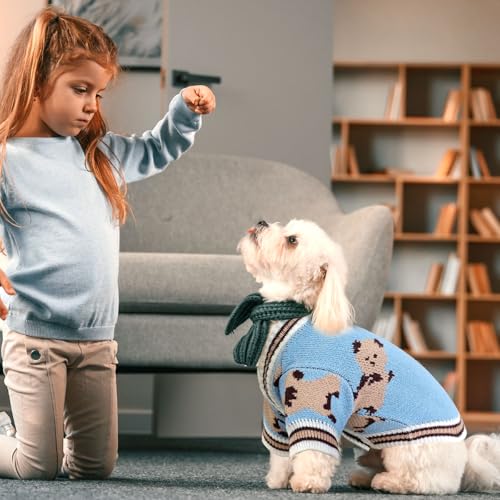 Small Dog Sweaters Cute Bear Dog Cardigans Clothes for Small Medium Dogs Boy Girl Puppy Cat Knitting Cardigan Outfits Dogs Winter Coats Warm Pet Doggy Clothes Soft Knitwear Apparel (Blue / Large)