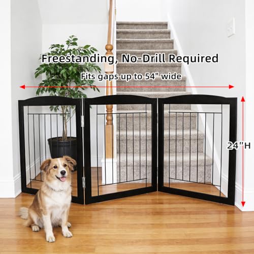 Freestanding Foldable Dog Gate for House Extra Wide Wooden Black Indoor Puppy Gate Stairs Doorways Pet Gate Tall Dog Fence 3 Panels Fence (Black / 【3 Panels】60''w x 24''h)