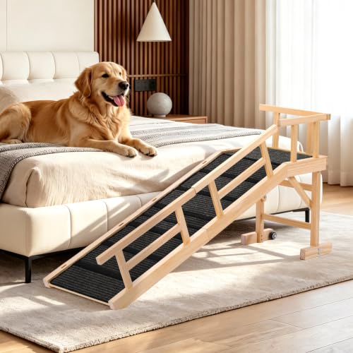 59" Wooden Dog Ramp with Platform & Wheels Gentle Slope Non (L-59"L×17"W×20"H)