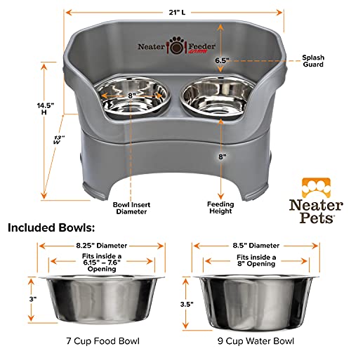 Neater Feeder Deluxe Mess Proof Dog Bowls Elevated for Large Dogs Over 40 lbs (Large with Standard Bowl / Gunmetal Grey)
