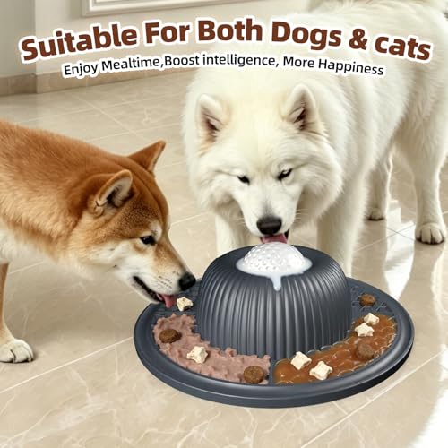 2-in-1 Dog Slow Feeder Bowl & Lick Mat with 2 Rotatable Balls, No-Slip Silicone Anxiety Relief Treat Mat for Dogs & Cats, Dishwasher Safe (Gray) (Gray)