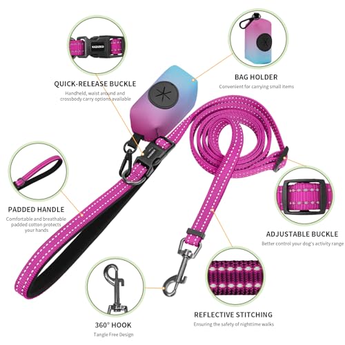 Hands Free Dog Leash with Poop Bag Holder (Hotpink)