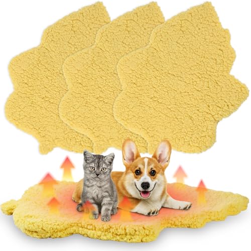 3 Pack Self Warming Pet Bed Leaf Shape Self Heating Cat Dog Mat Washable Thermal Sleeping Pad for Indoor Outdoor Hedgehog (Light Yellow / Large-19"x29")