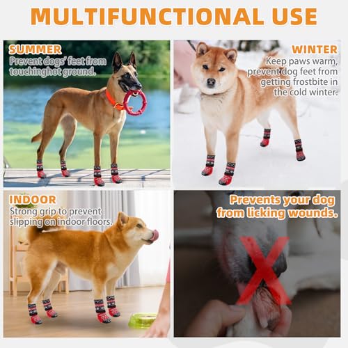 Dog Socks to Prevent Licking Paws for Hardwood Floors Anti Slip (Red Ornamentation / Small/Medium (4 Pack))