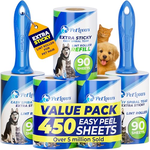 Extra Sticky Lint Roller Mega Value Set 450 Sheets for Pet Hair Removal and Clothes