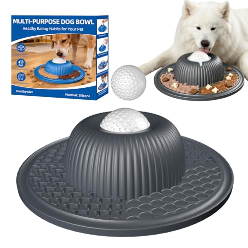 2-in-1 Dog Slow Feeder Bowl & Lick Mat with 2 Rotatable Balls, No-Slip Silicone Anxiety Relief Treat Mat for Dogs & Cats, Dishwasher Safe (Gray) (Gray)