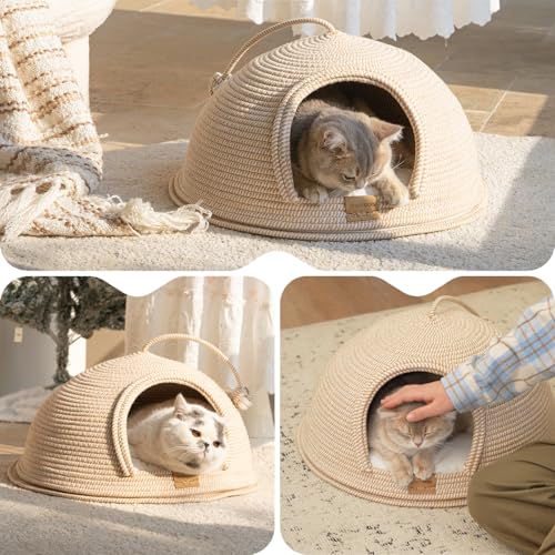 Cat Cave Bed with Washable Cushion and Ball (White)
