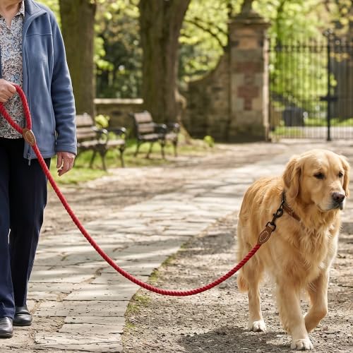 Dog Leash Braided Cotton Rope with Leather (Red / 48 Inch-1/2")