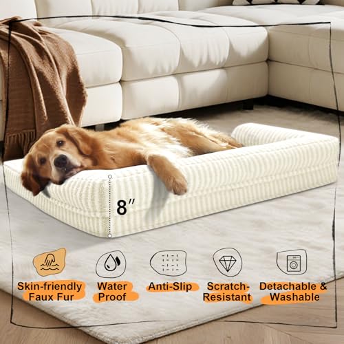 Orthopedic XL Dog Bed with Bolster for Extra Large Size Dogs (42.0"L x 30.0"W x 8.0"Th / Beige White Stripe)