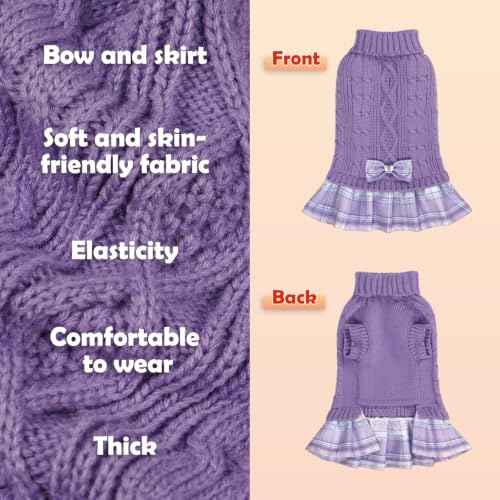 2 Pack Small Dog Sweater Dress with Bowtie Turtleneck (Small (5-8lbs) / Pink+Purple)