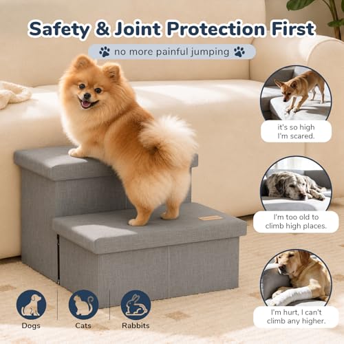 2 Step Wide Dog Stairs with Storage 11" H (Light Grey / 20"D x 13"W x 11"H)
