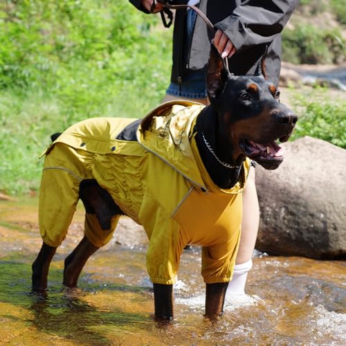 Fleece Lined Dog Raincoat with Removable Hood (Mustard Yellow Fleeced / 4XL (Back 23.5"))