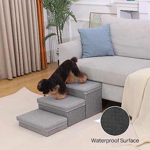Linen Foldable Dog Stairs with Storage (Light Gray Linen)