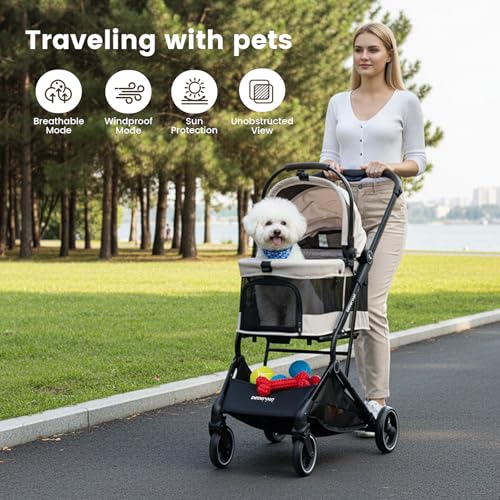 T3 Pet Stroller for Small Dogs & Cats up to 44lbs (Beige & Net Wall / T3)
