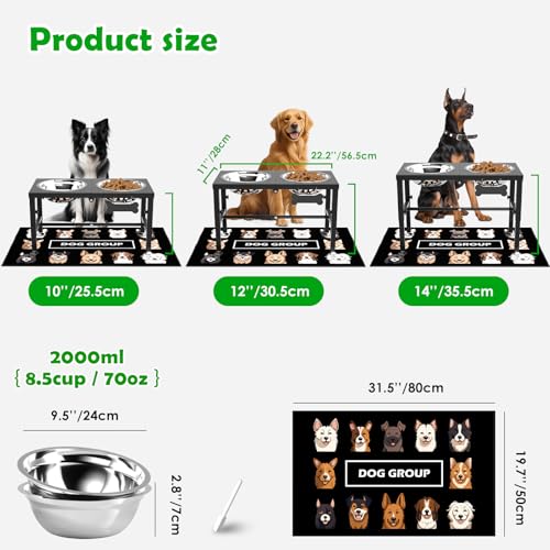 Elevated Dog Bowls with Mat for Large & XLarge Dogs (Black-2L)