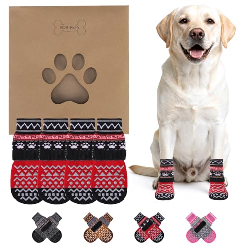 Dog Socks to Prevent Licking Paws for Hardwood Floors Anti Slip (Red Ornamentation / Small/Medium (4 Pack))