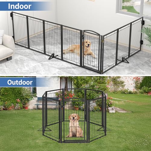 Full Metal Freestanding Dog Gate with Cat Door for Indoor & Outdoor (Black / 【8 Panels with Door】160"W×32"H)