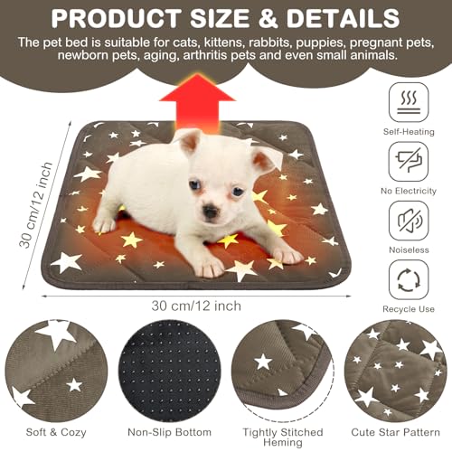 4 Pack Self Warming Cat Bed Self Heating Cat Mat Star Pattern Soft Dog Crate Pad Thermal Pet Mat Anti Slip Kennel Dog Washable Warming Bed for Outdoor Indoor (12 x 12 Inch / Brown)