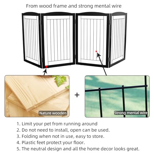 Freestanding Foldable Dog Gate for House Extra Wide Wooden Black Indoor Puppy Gate Stairs Dog Gates Doorways Tall Pet Gate 4 Panels Fence (Black / 【4 Panels】80''w x 32''h)