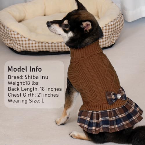 Dog Sweater Dress for Small Dogs Turtleneck Thick Knit Pullover (Large (16-24lbs) / 10# Brown)