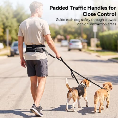Hands Free Double Dog Leash with Waist Bag 82.7" Medium Large 2 Dogs - PetSolution