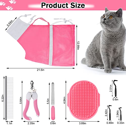10PCS Cat Bathing Bag Adjustable Shower Washing Net Grooming Set (Pink+Grey)