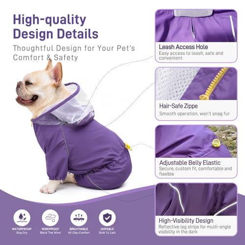 Dog Raincoat Rain Jacket with Clear Hood and Broad Chest Fit (Purple / X-Large)