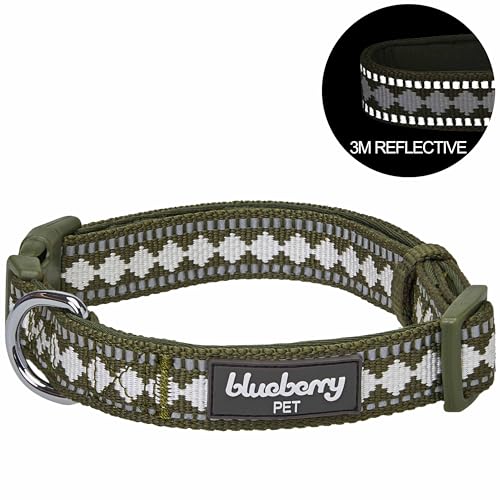 3 Colors 3M Reflective Jacquard Neoprene Padded Adjustable Dog Collar (Large / Polyester Buckle- Olive)