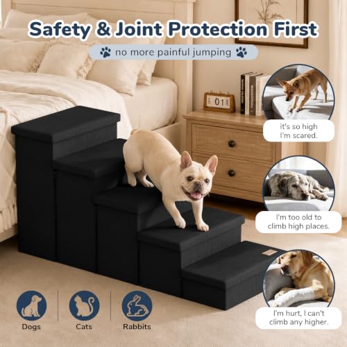 5 Step Wide Dog Stairs with Storage 23" H (Black / 50"D x 17"W x 23"H)