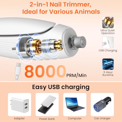 2-in-1 Dog & Cat Nail Clippers and Grinder with 2 Light, Quiet Electric Pet Nail Trimmers for Small Medium Large Dogs & Cats Claw, Safety Guard Usb Rechargeable, Professional Grooming Tool