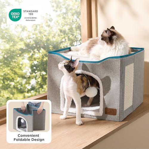 Cat House Bed for Indoor Cats with Fluffy Ball and Scratch Pad (Black / Single)