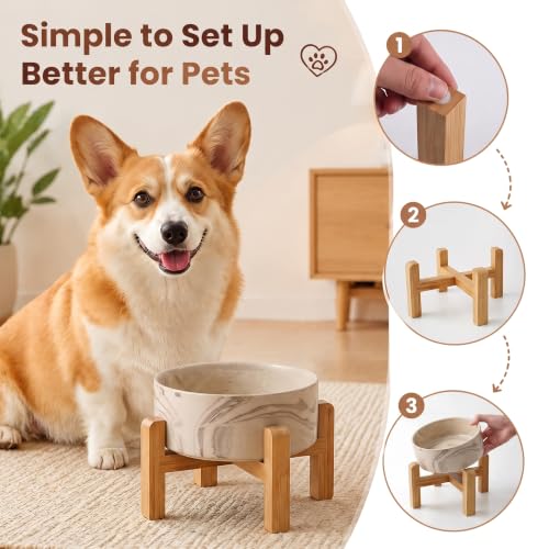 Elevated Ceramic Dog Bowl with Bamboo Stand (Marble Brown / 3.6Cup)