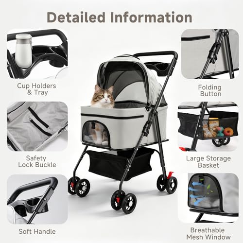 Pet Stroller for Small Dogs and Cats with 4 Wheels (Grey)